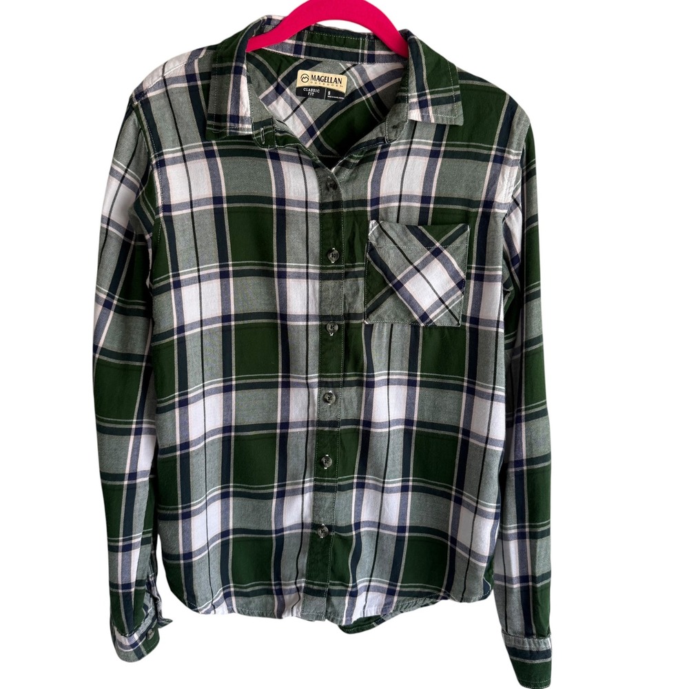 MAGELLAN Classic Fit Green White Long Sleeve Plaid Outdoor Ladies Top, S